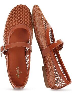 Women's Brown Mesh Flats Buckle Strap Mary Jane Ballerina Flats Fishnet Shoes